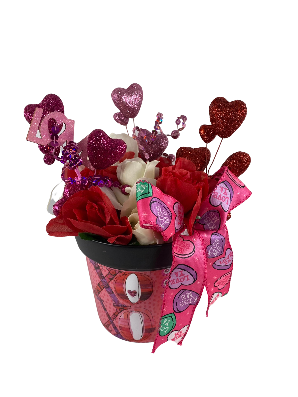 AGD Valentines Decor  – Pink Red White Roses Floral  Medium Centerpiece