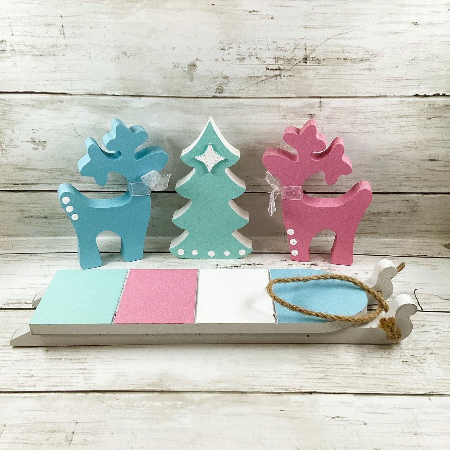 AGD Christmas Decor - Pastel Mid Century Sled Reindeer Tier Tray 4pc Set