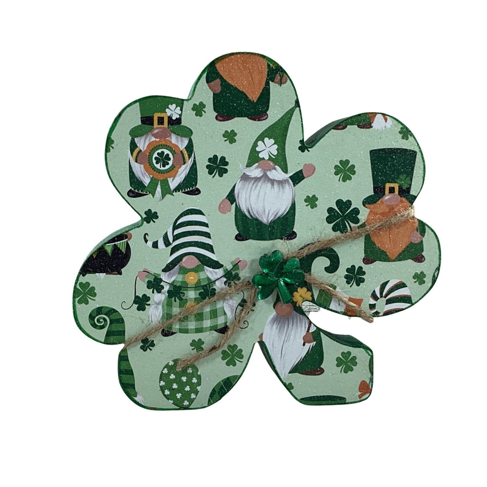 AGD Saint Patrick Decor - Irish Gnome Chunky Wood Shamrock Sitter