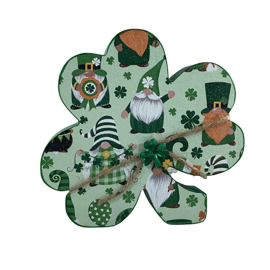 AGD Saint Patrick Decor - Irish Gnome Chunky Wood Shamrock Sitter