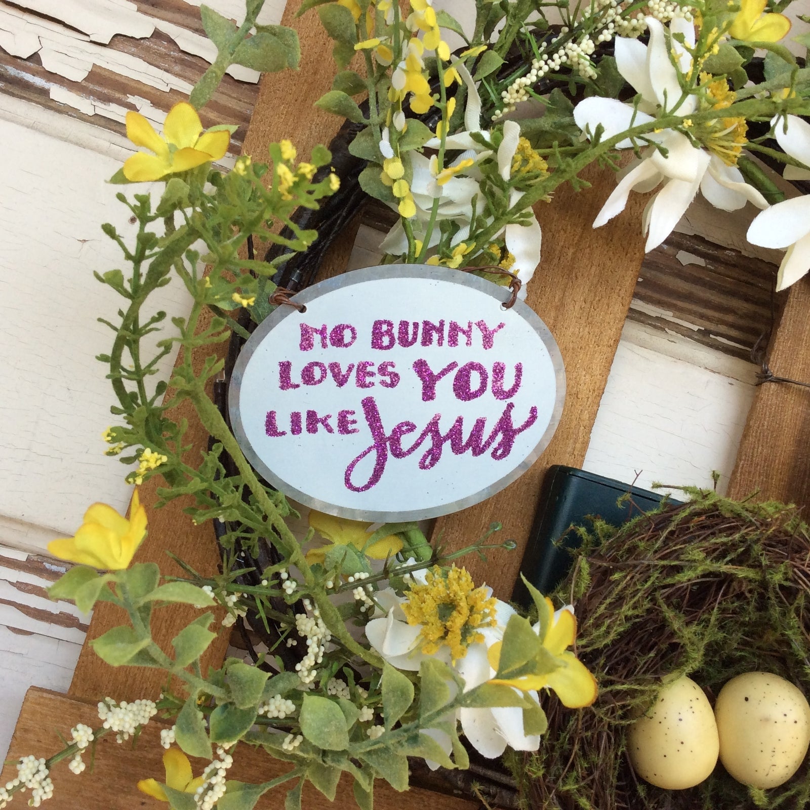 AGD Easter Decor - No Bunny Loves You Like Jesus Fence Lighted Wreath