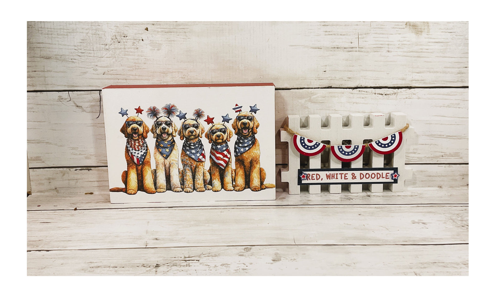 AGD Patriotic Decor - Red White Doodle Dog Pet Sign & Fence 2pc