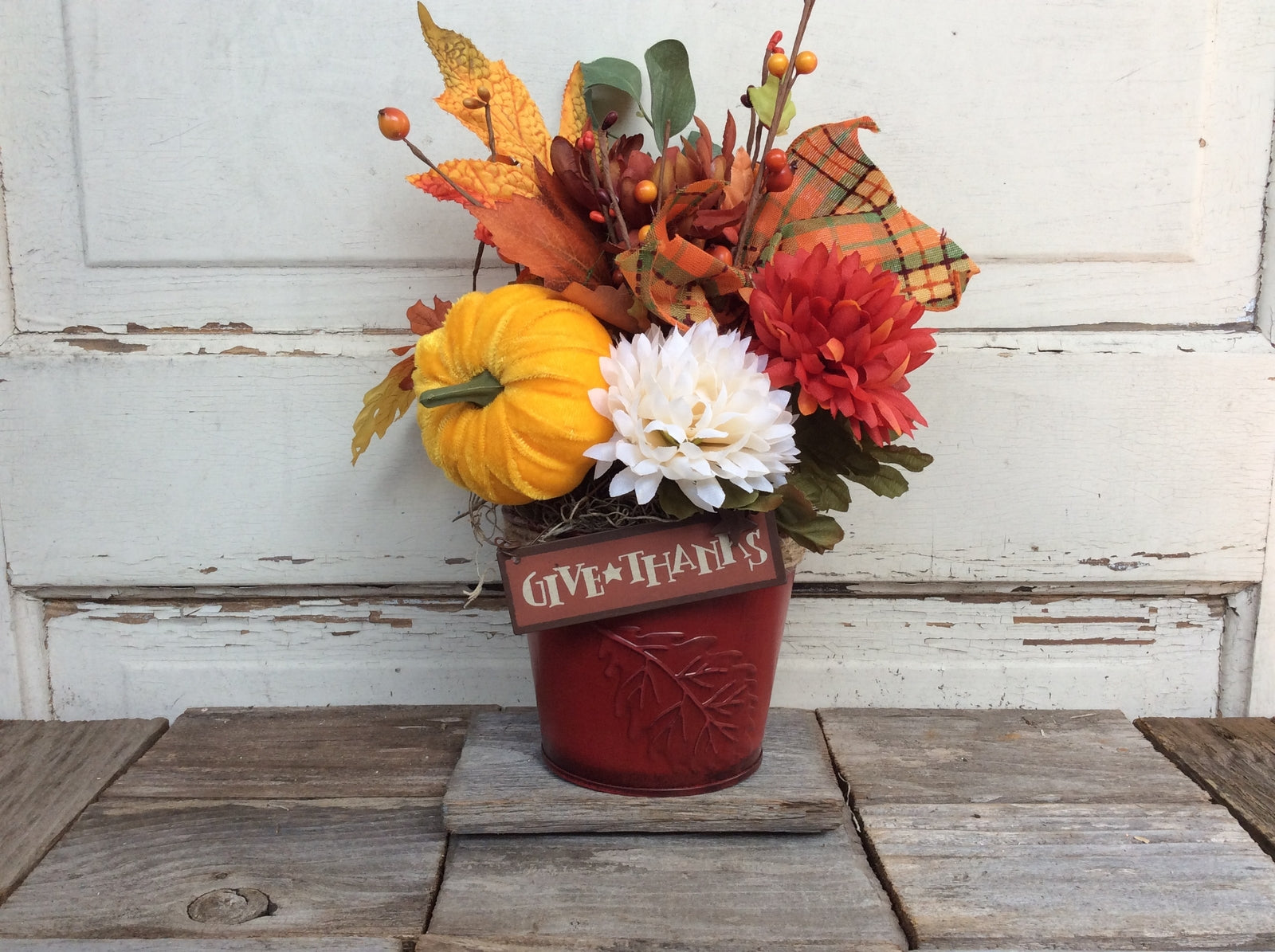 AGD Fall Decor - Give Thanks Floral Metal Planter Centerpiece