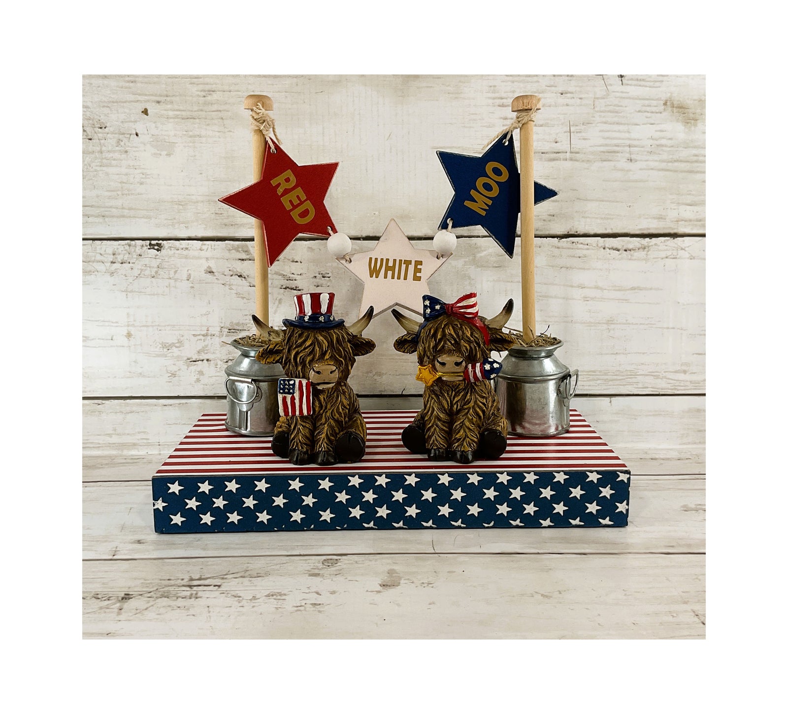 AGD Patriotic Decor - Red White Moo SMALL Highland Cows Banner Stand