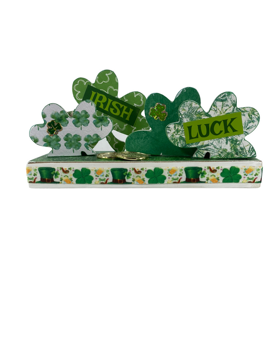 AGD St Patricks Decor - Irish Luck Chunky Wood Shamrock Tabletop Display