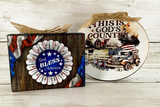 AGD Patriotic Decor - July 4th Theme God's Bless Country Farm Signs 2pc Set