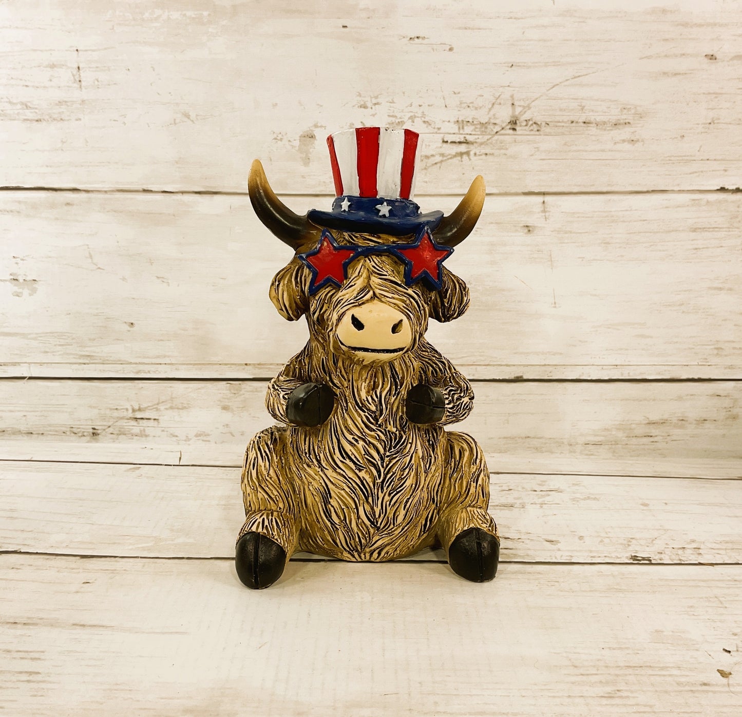 Patriotic Decor - July 4th Resin Highland Cow Lg Figurines 3pc Bonus Sign
