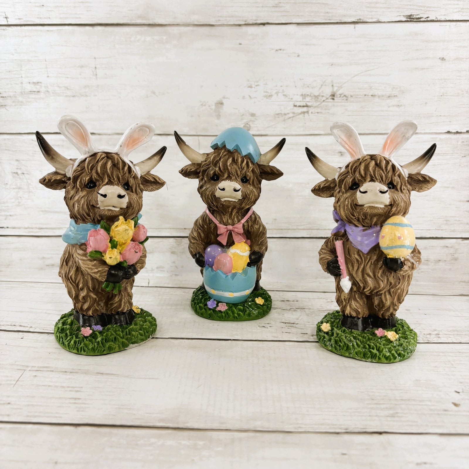 Gerson Easter Decor - Bunny Rabbit Eggs Resin Highland Cow Figurine 3pc