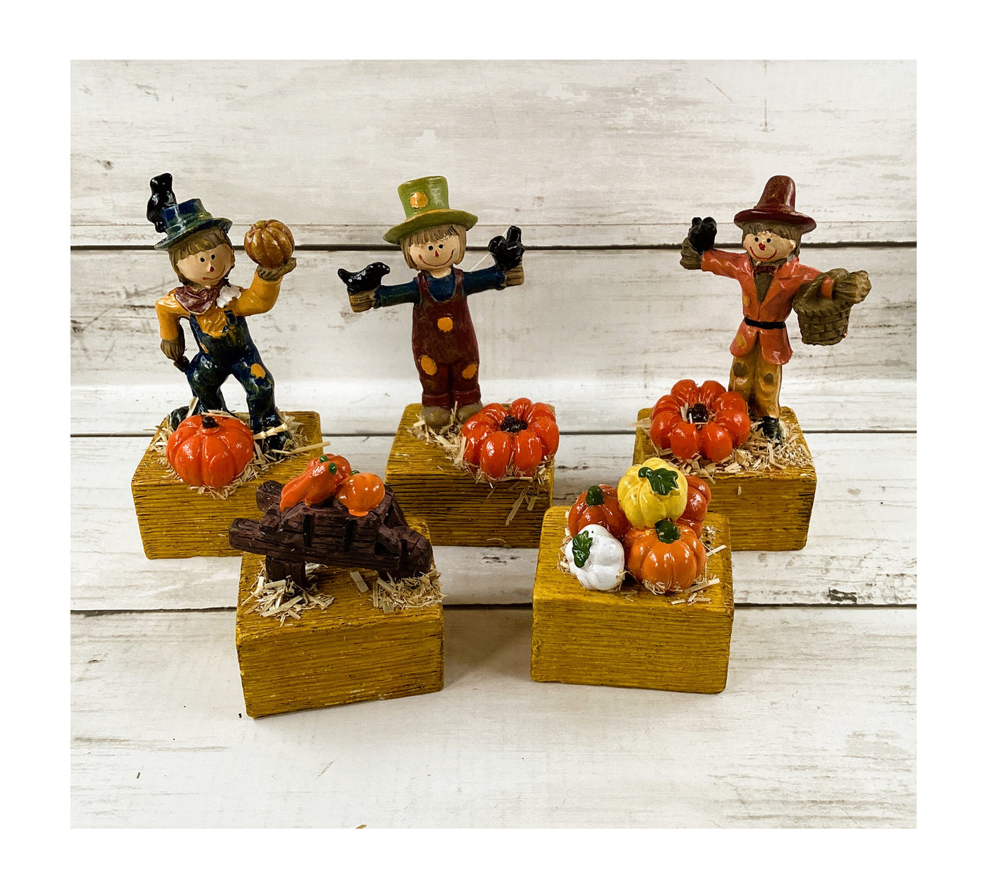 AGD Fall Decor - Resin Scarecrow Pumpkin Bale of Hay Figurine Display 6pc