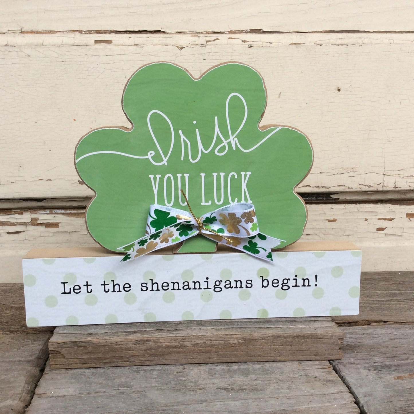 AGD St Patrick's Decor - Irish Lucky Shenanigans Chunky Shamrock Sign 2pc.