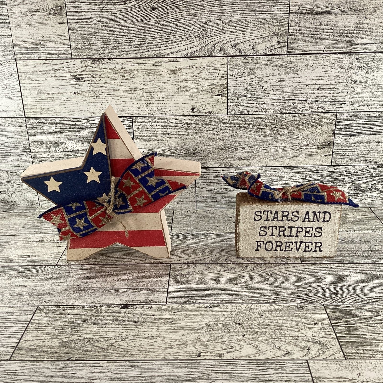 AGD Patriotic Decor - Stars Stripes Block Sign Chunky Wood Star Sitters 2pc Set