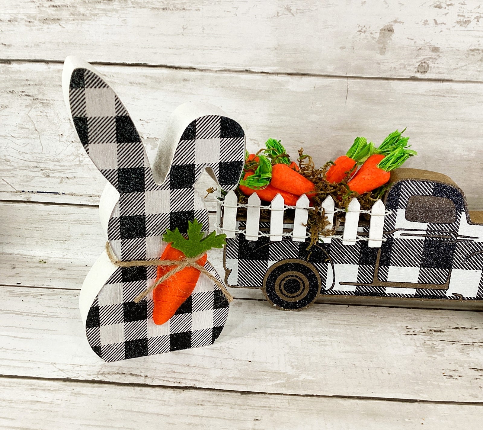 AGD Easter Decor - Bunny Welcome Black White Plaid Sign Carrot Truck 3pc