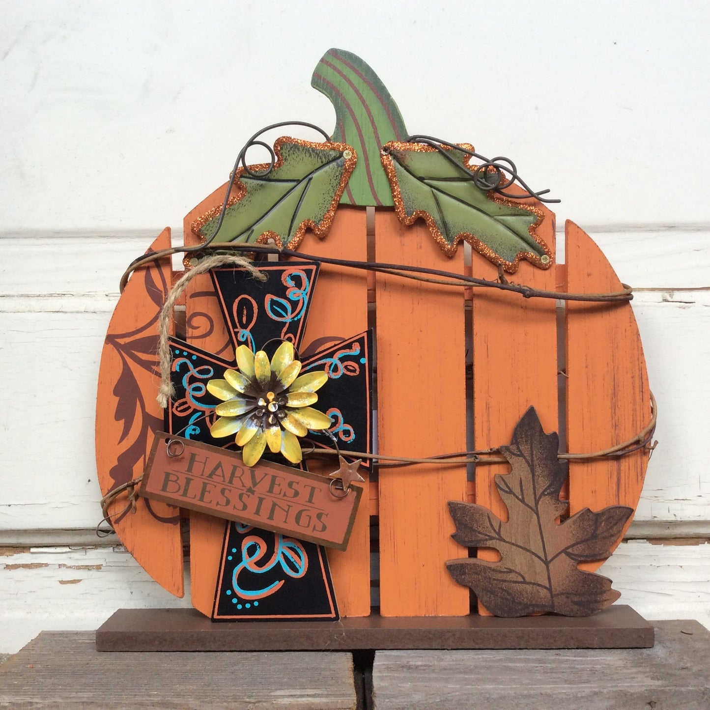 AG Designs Fall Decor - Slat Pallet Pumpkin - Cross & Harvest Blessings
