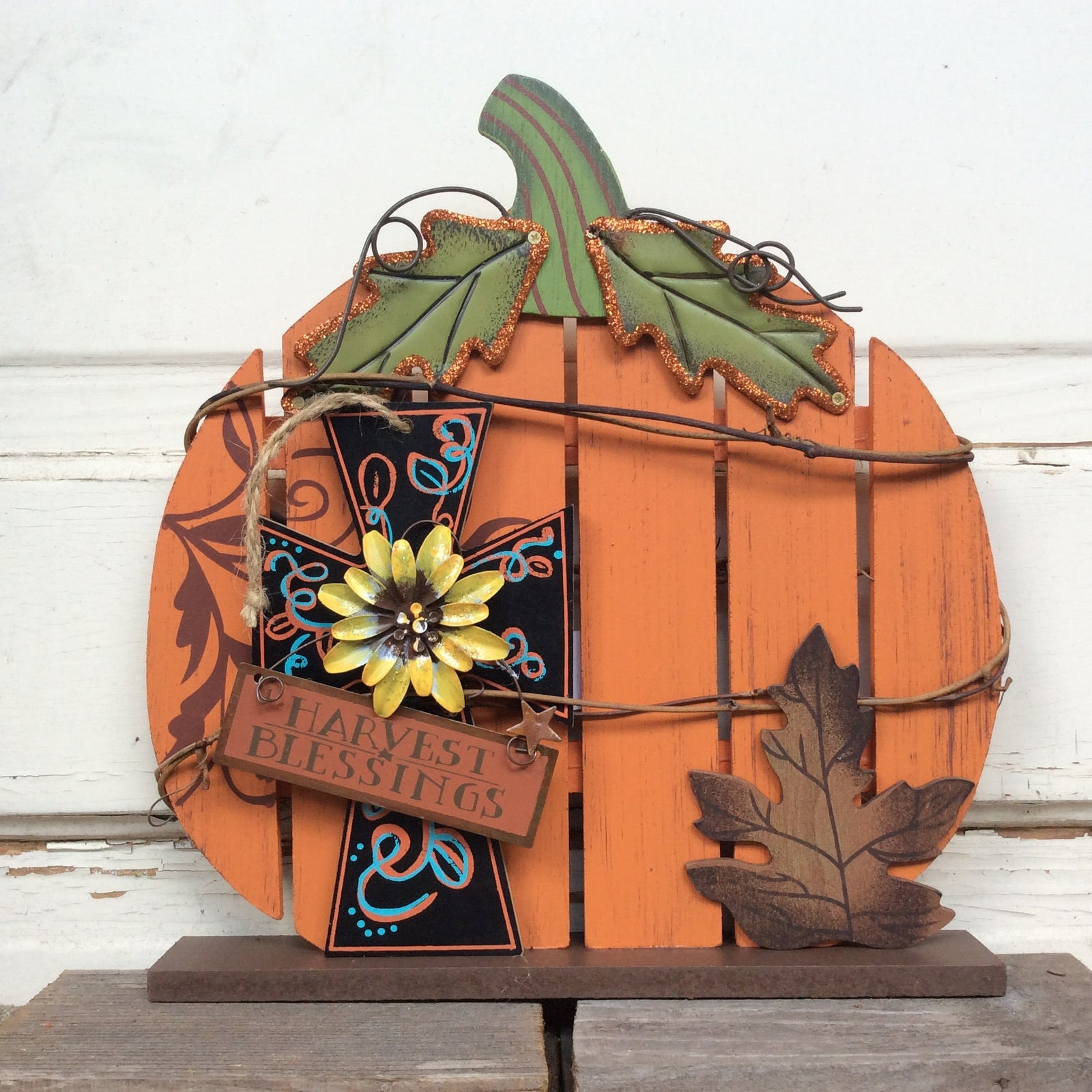 AG Designs Fall Decor - Slat Pallet Pumpkin - Cross & Harvest Blessings