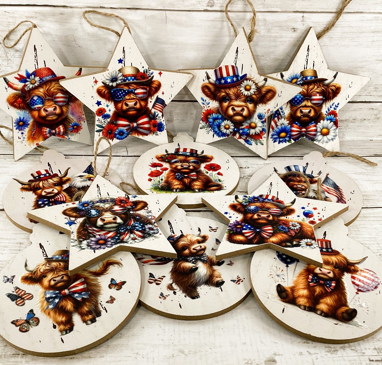 AGD Patriotic Decor - July 4th Highland Cow Ornaments 12pc Set