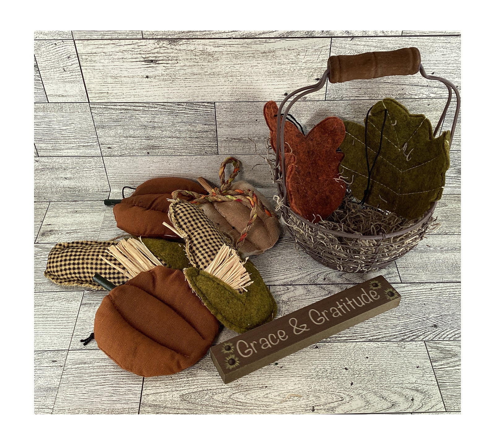 AGD Fall Decor - Metal Basket Filled with Fabric Pumpkin Corn Veggies