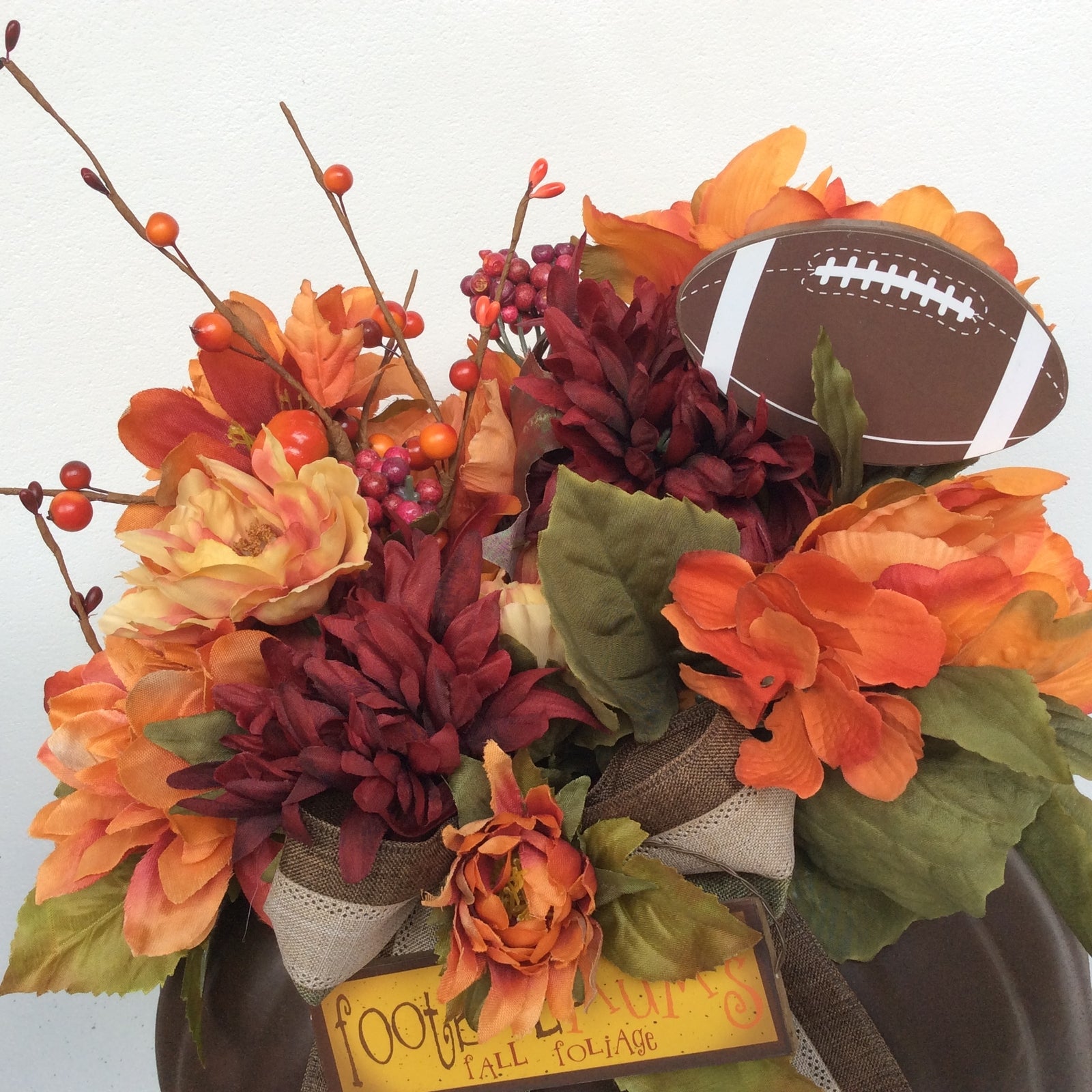 AGD Fall Decor - Football Mums Pumpkin Filled Artificial Floral Display