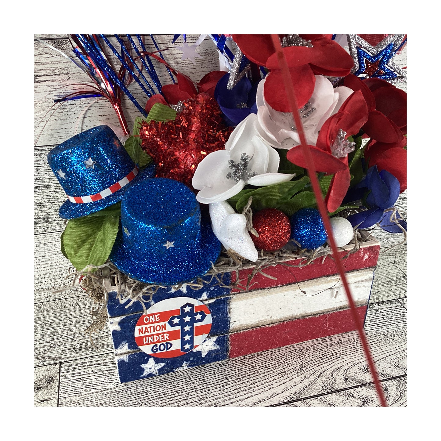 AGD Patriotic Decor - American Flag Floral Wood Crate Floral Display