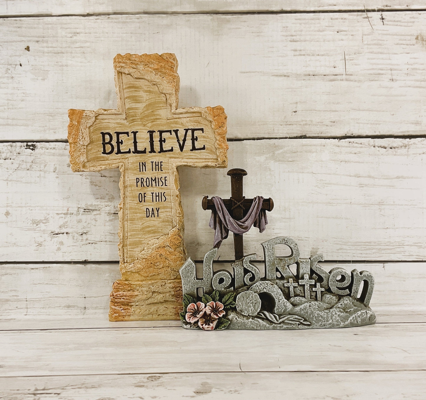 HL Easter Decor - Believe Resin Cross He Is Risen Figurine 2pc