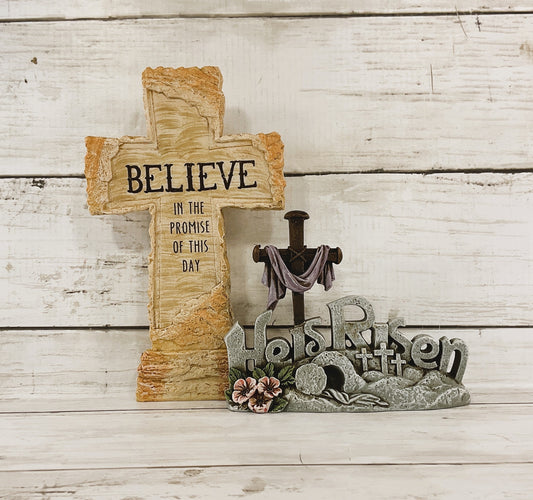 HL Easter Decor - Believe Resin Cross He Is Risen Figurine 2pc