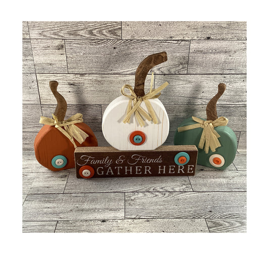 AGD Fall Decor - Gather Here Sign Chunky Whimsy Pumpkins 4pc Set
