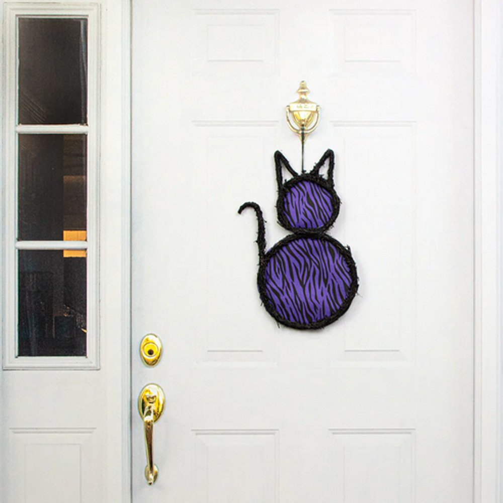 CO Halloween Decor - Purple Fabric Black Grapevine Cat Door Wreath