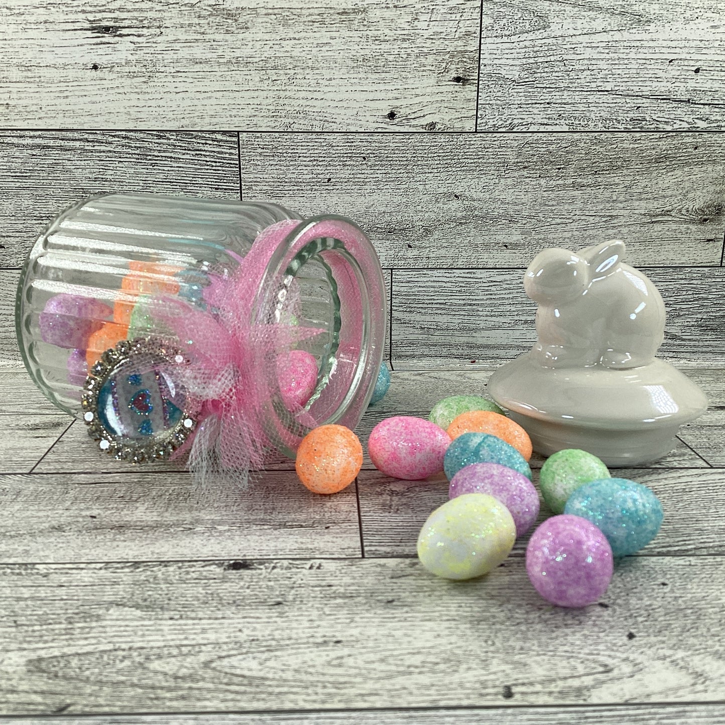 AGD Easter Decor - Small Glass Candy Jar With Foam Glitter Eggs