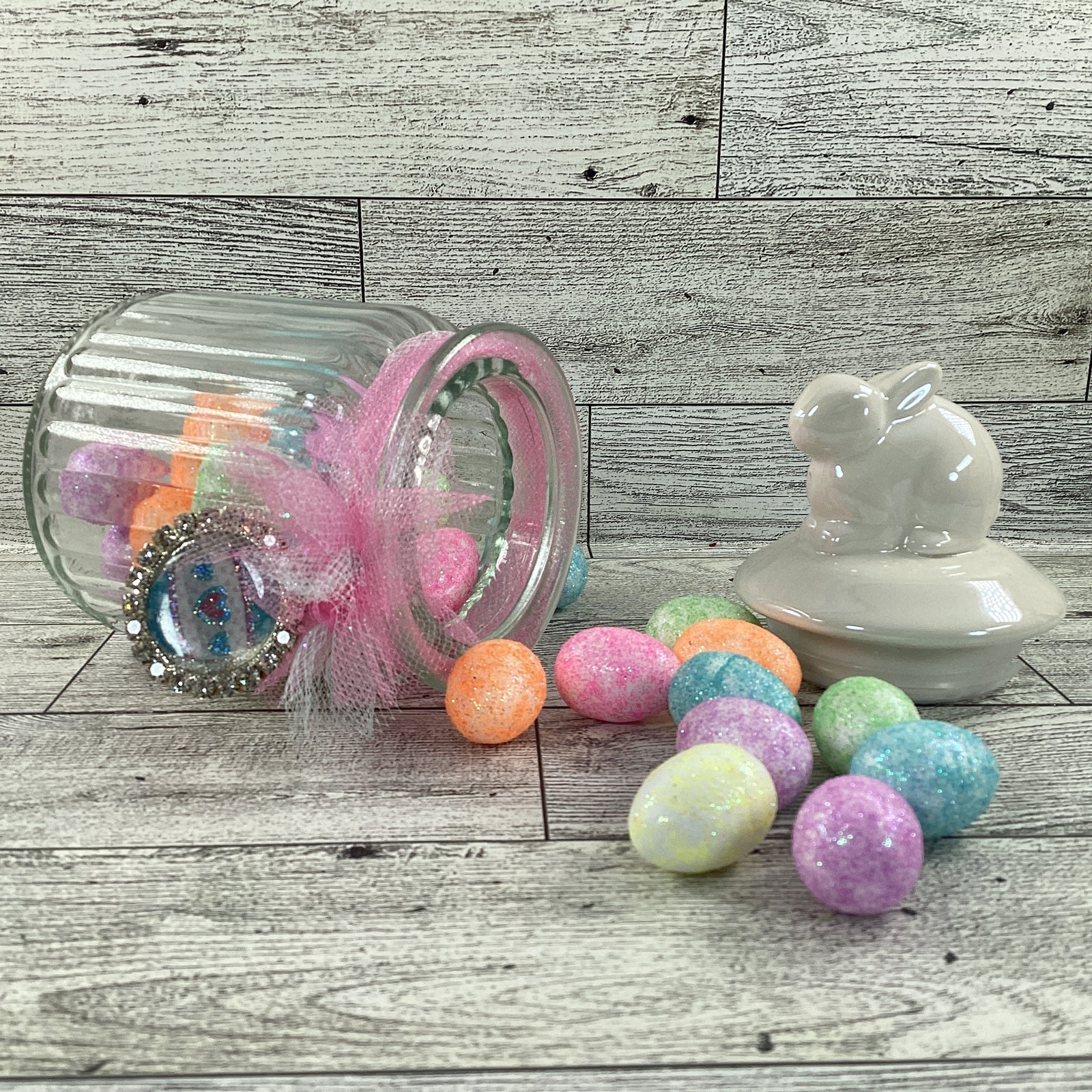 AGD Easter Decor - Small Glass Candy Jar With Foam Glitter Eggs