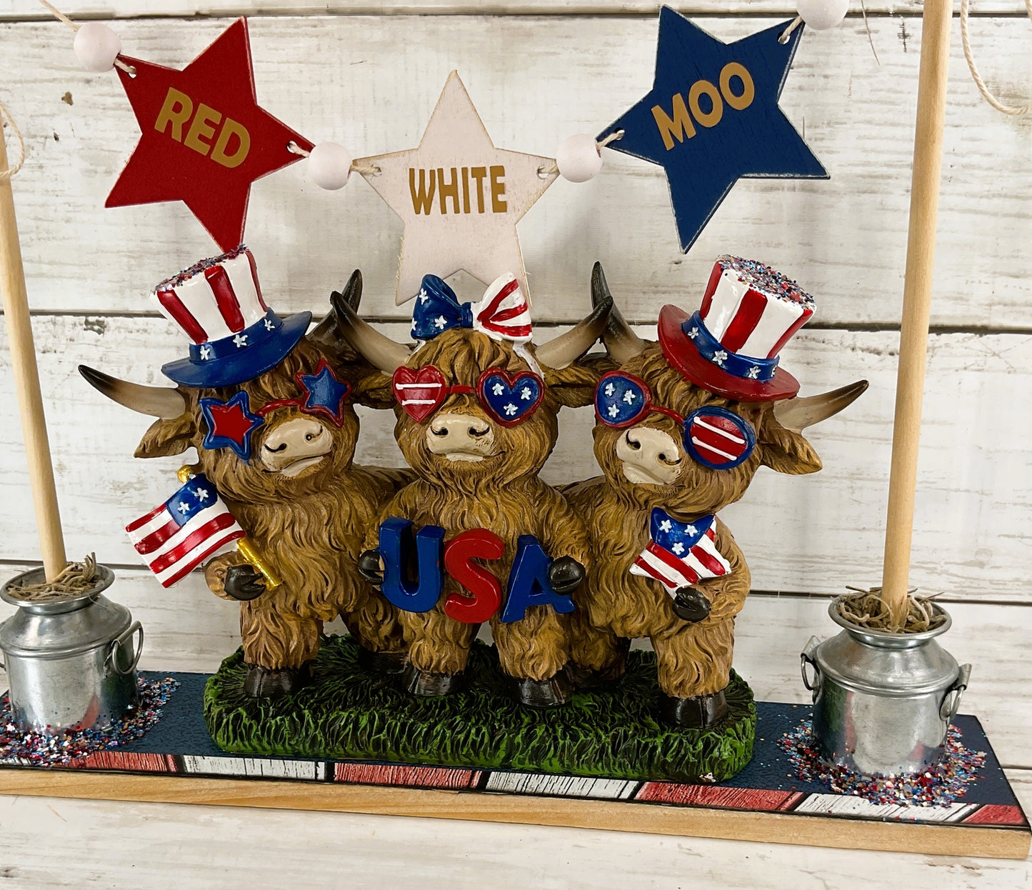 AGD Patriotic Decor - Red White Moo July 4th Highland Cows Banner Stand