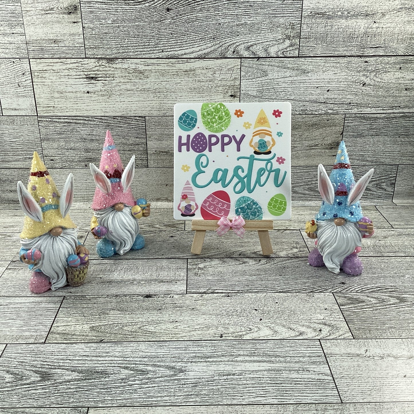 AGD Easter Decor - Resin Gnome Glitter Bunny Rabbit Tier Tray 4pc Set (C)
