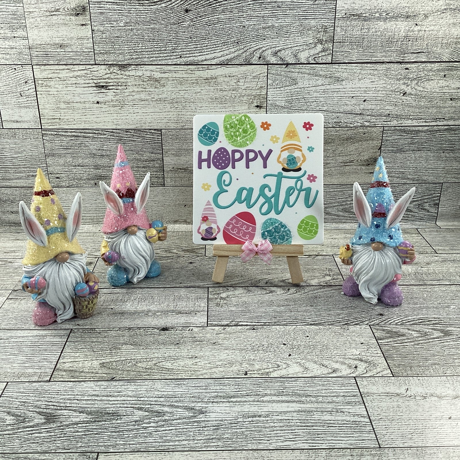 AGD Easter Decor - Resin Gnome Glitter Bunny Rabbit Tier Tray 4pc Set (C)