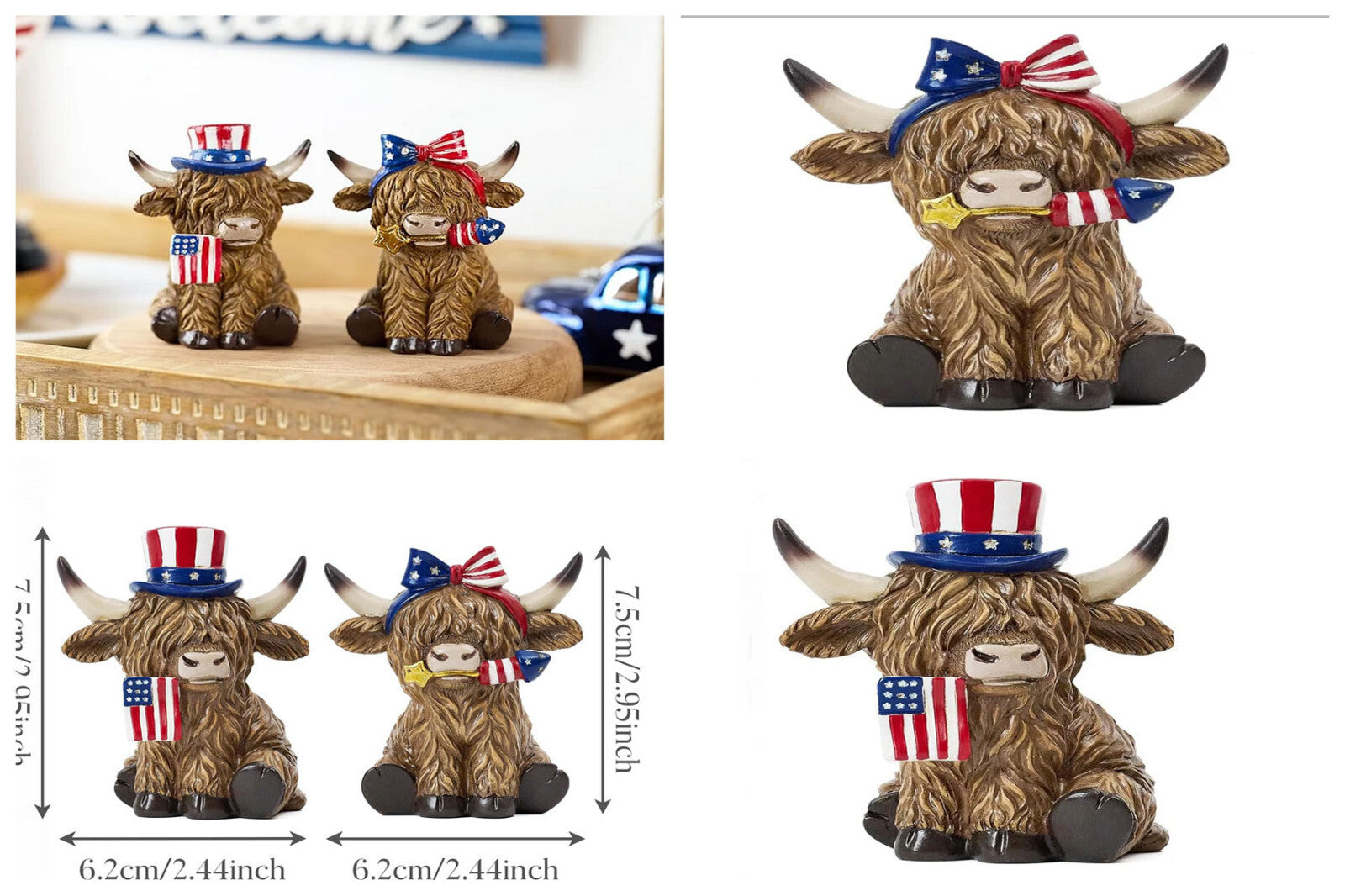 VM Patriotic Decor - July 4th Resin Highland Cow SMALL Couple 2pc
