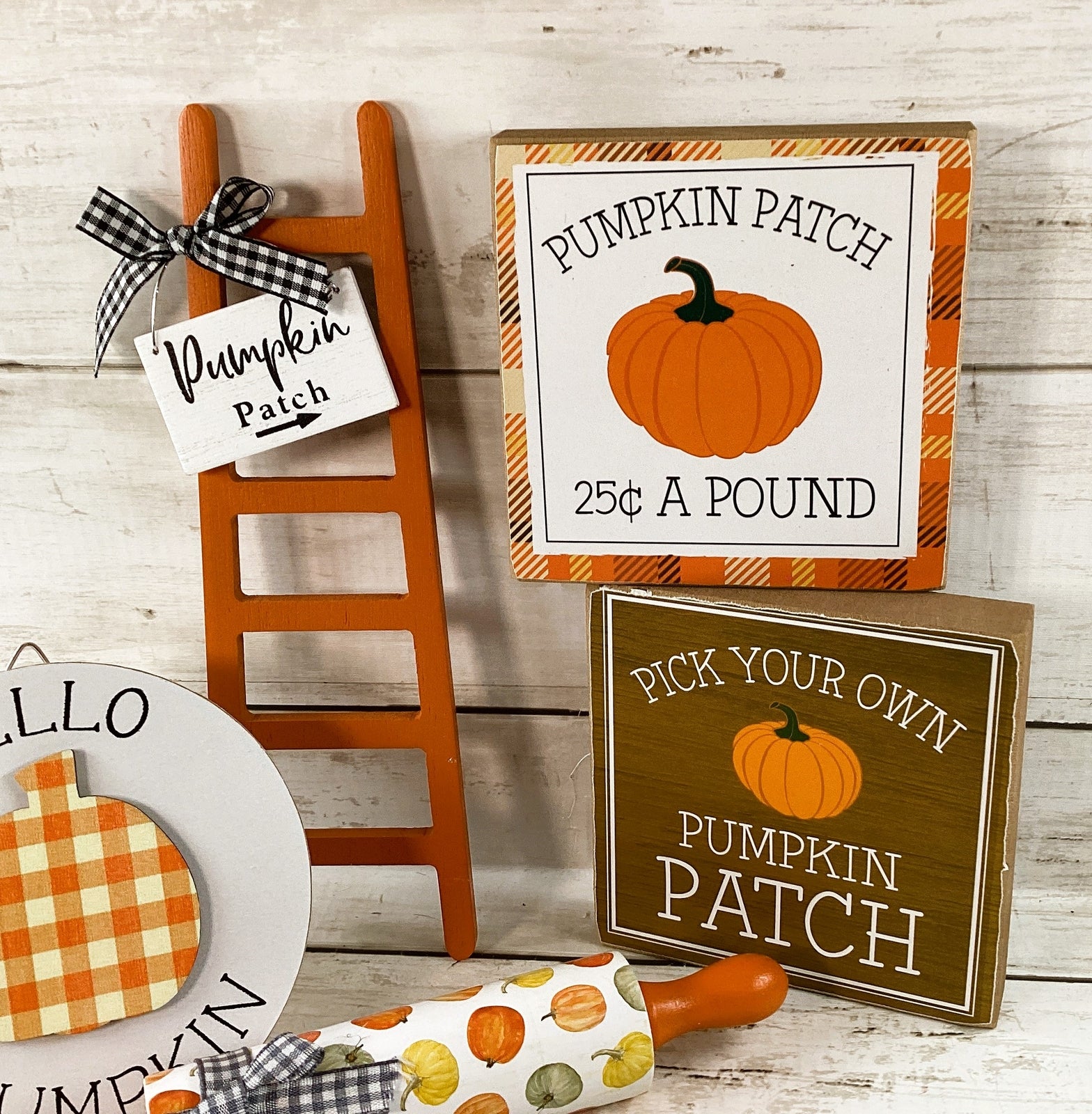 HL Fall Decor - Hello Pumpkin Theme Ladder Rolling Pin Tier Tray 5pc Set