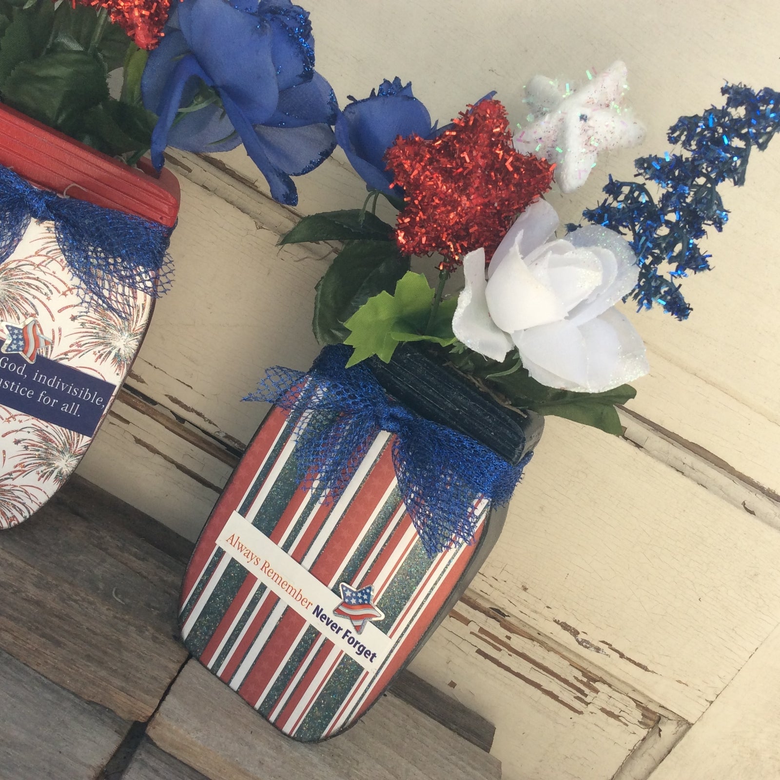 AGD Patriotic Decor - One Nation Sept 11th Floral Wood Mason Jar 2pc Set