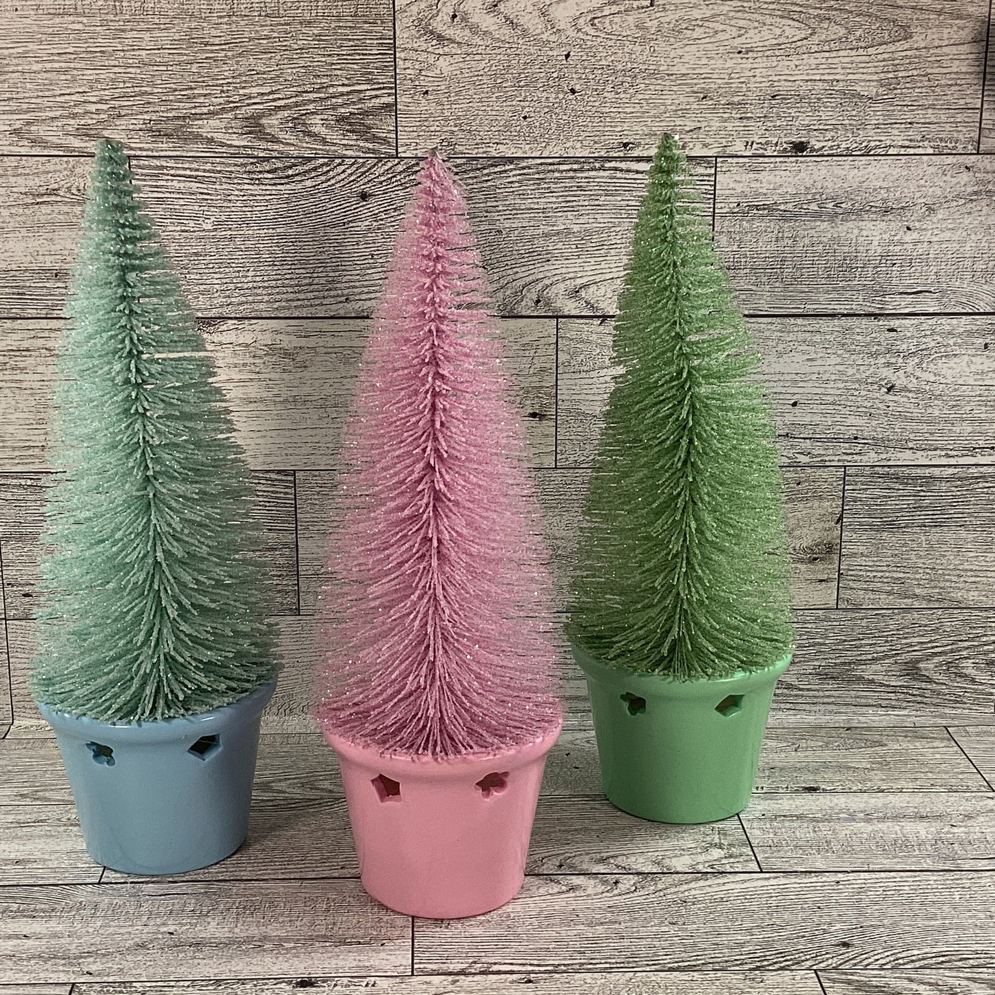 AGD Easter Decor -  Green Blue Pink Pastel Spring Bottlebrush Trees 3pc