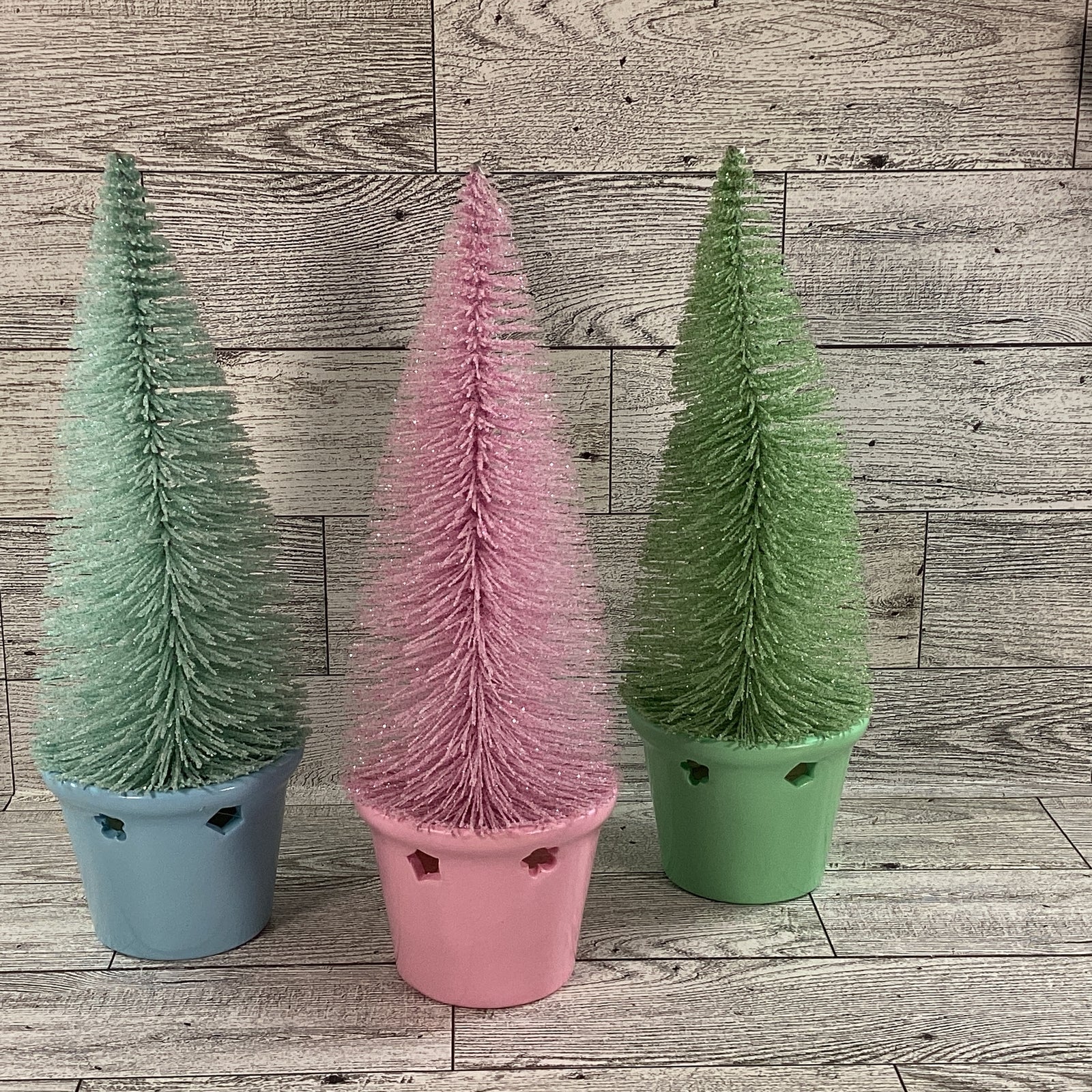 AGD Easter Decor -  Green Blue Pink Pastel Spring Bottlebrush Trees 3pc