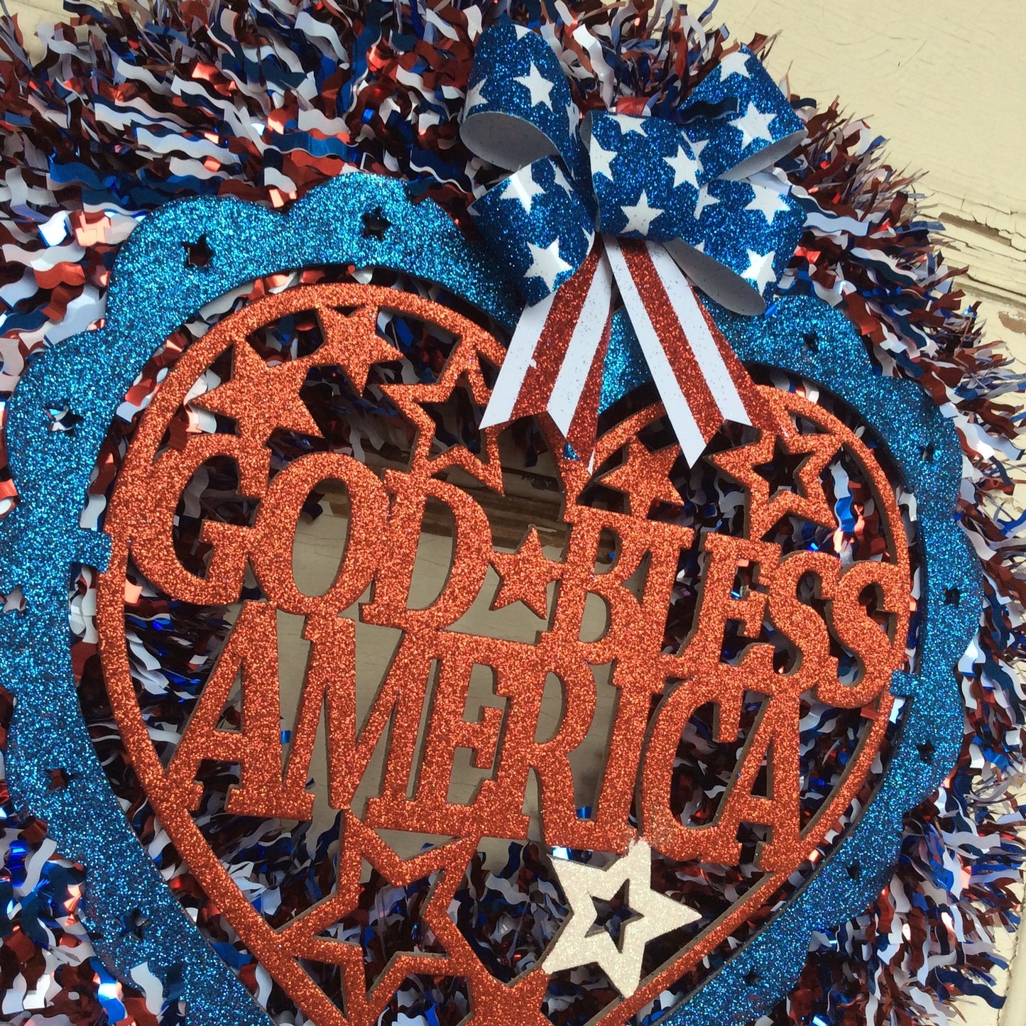 AGD Patriotic Decor - God Bless America Tinsel Wreath