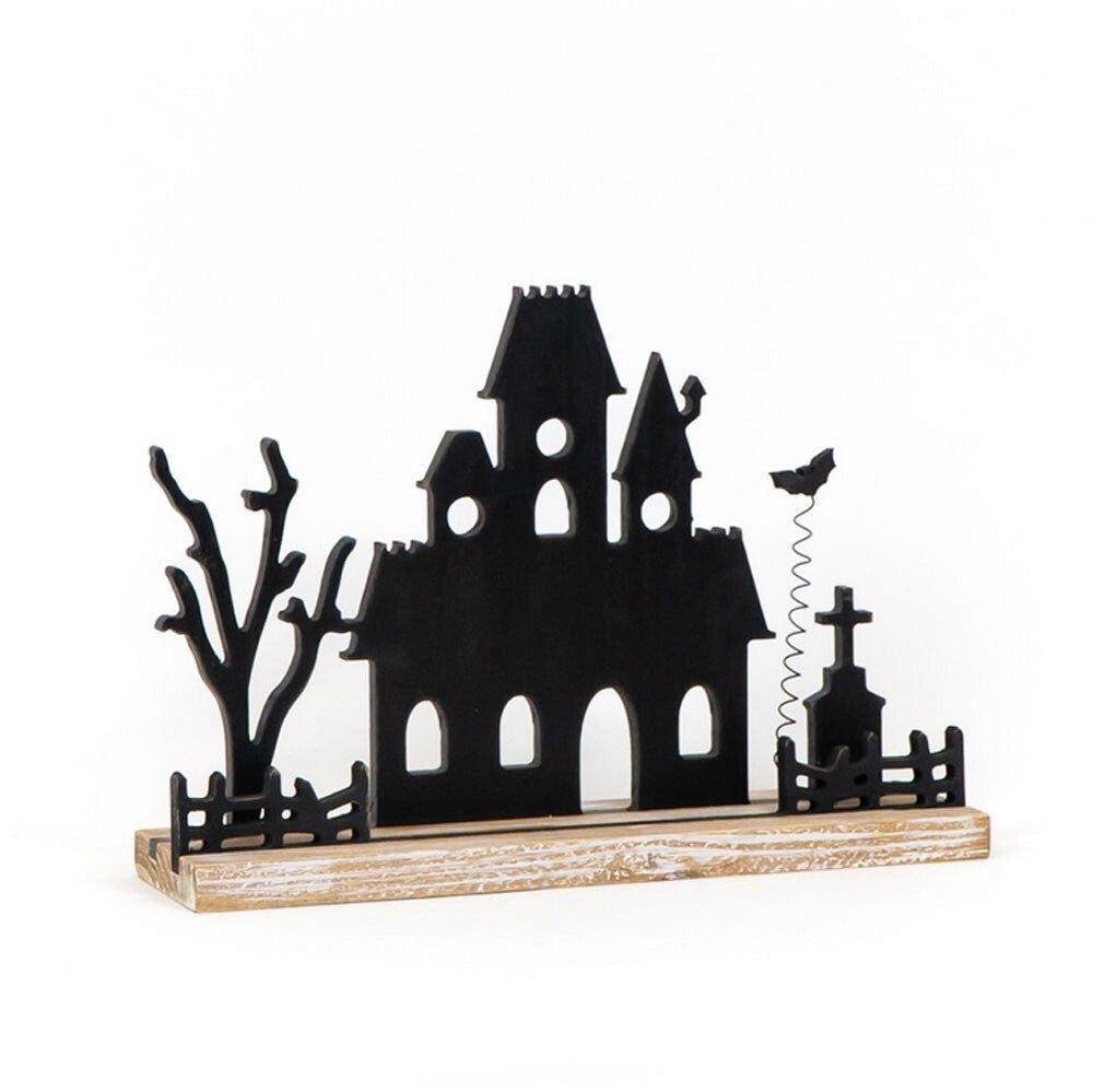 Adams Halloween Decor - Black Wood Haunted House Mansion Silhouette Sitter