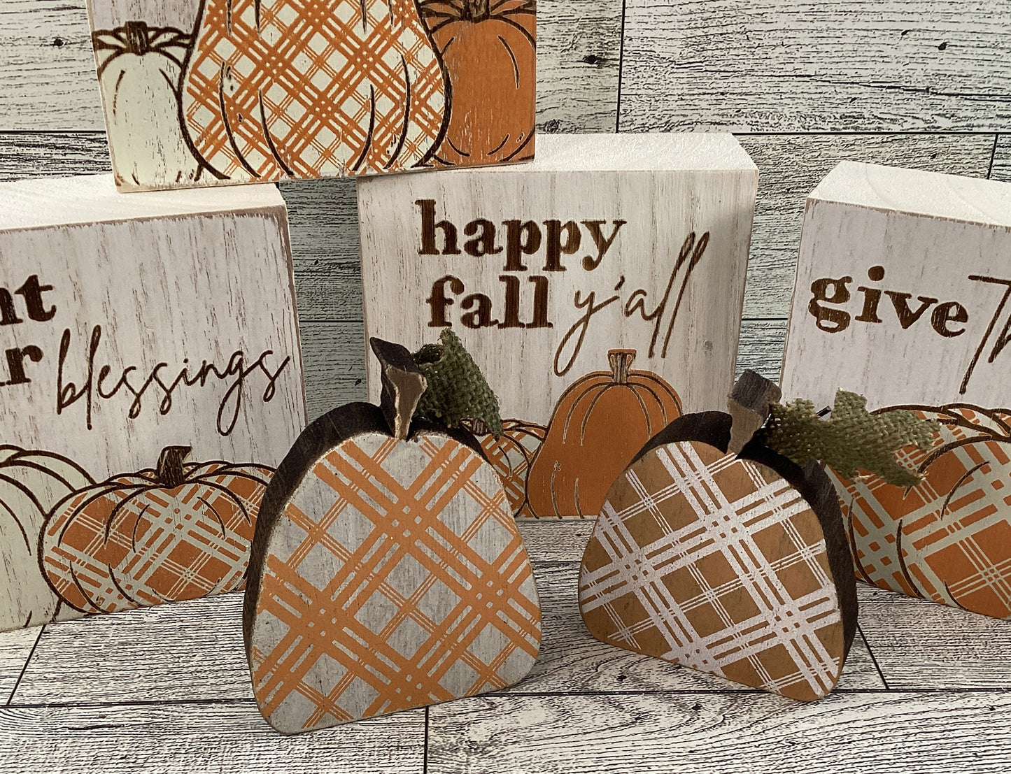 Fall Decor - Chunky Wood Watercolor Plaid Pumpkin and Signs 6pc Set