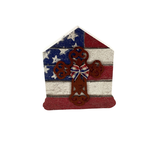 AGD Patriotic Decor - July 4th Cross Chunky Wood House Sitter