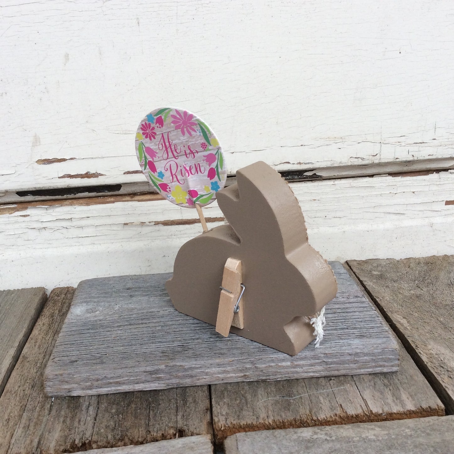 AGD Easter Decor - He is Risen Wood Pink Burlap Bunny