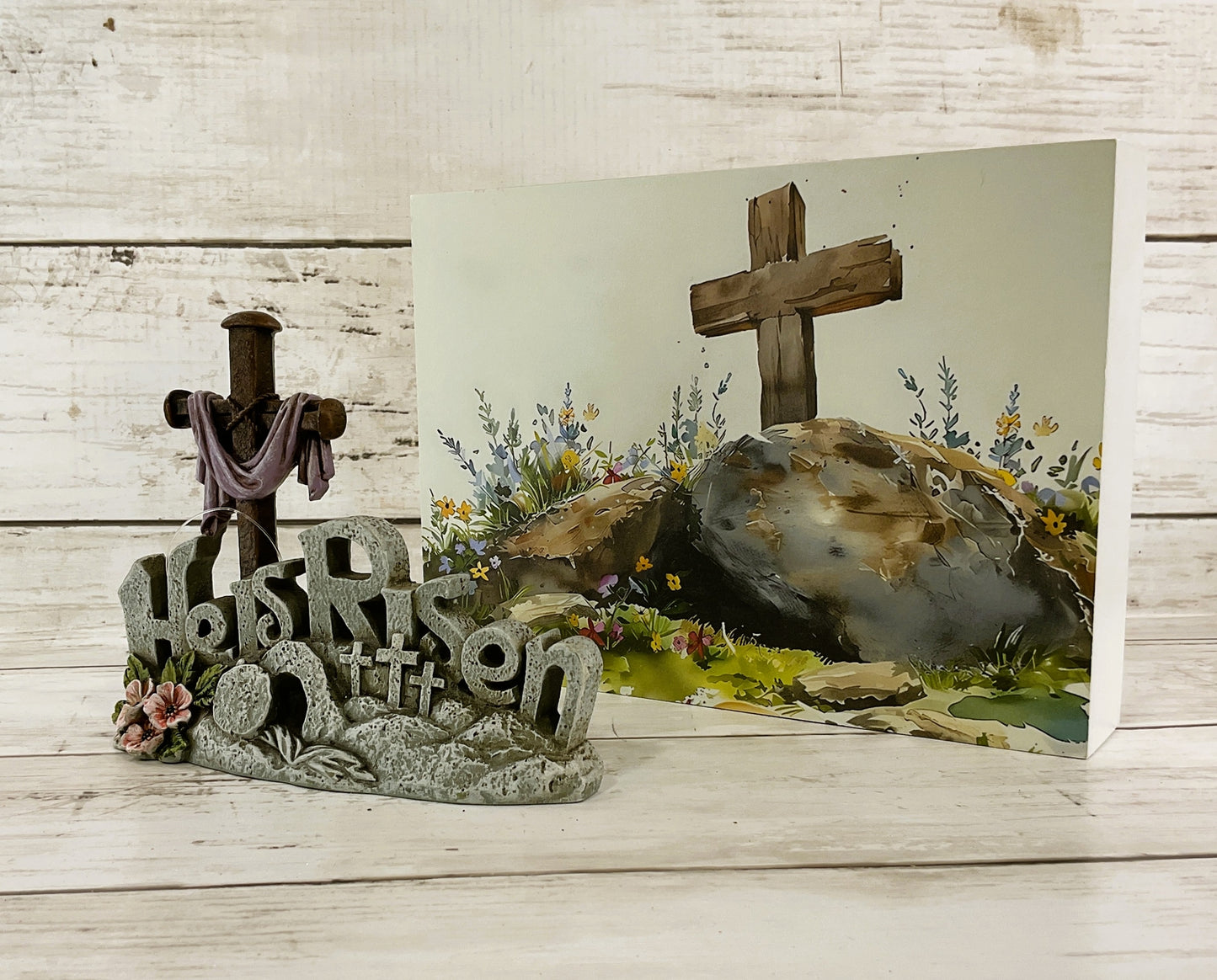 HL Easter Decor -  Watercolor Tomb Picture He Is Risen Figurine 2pc