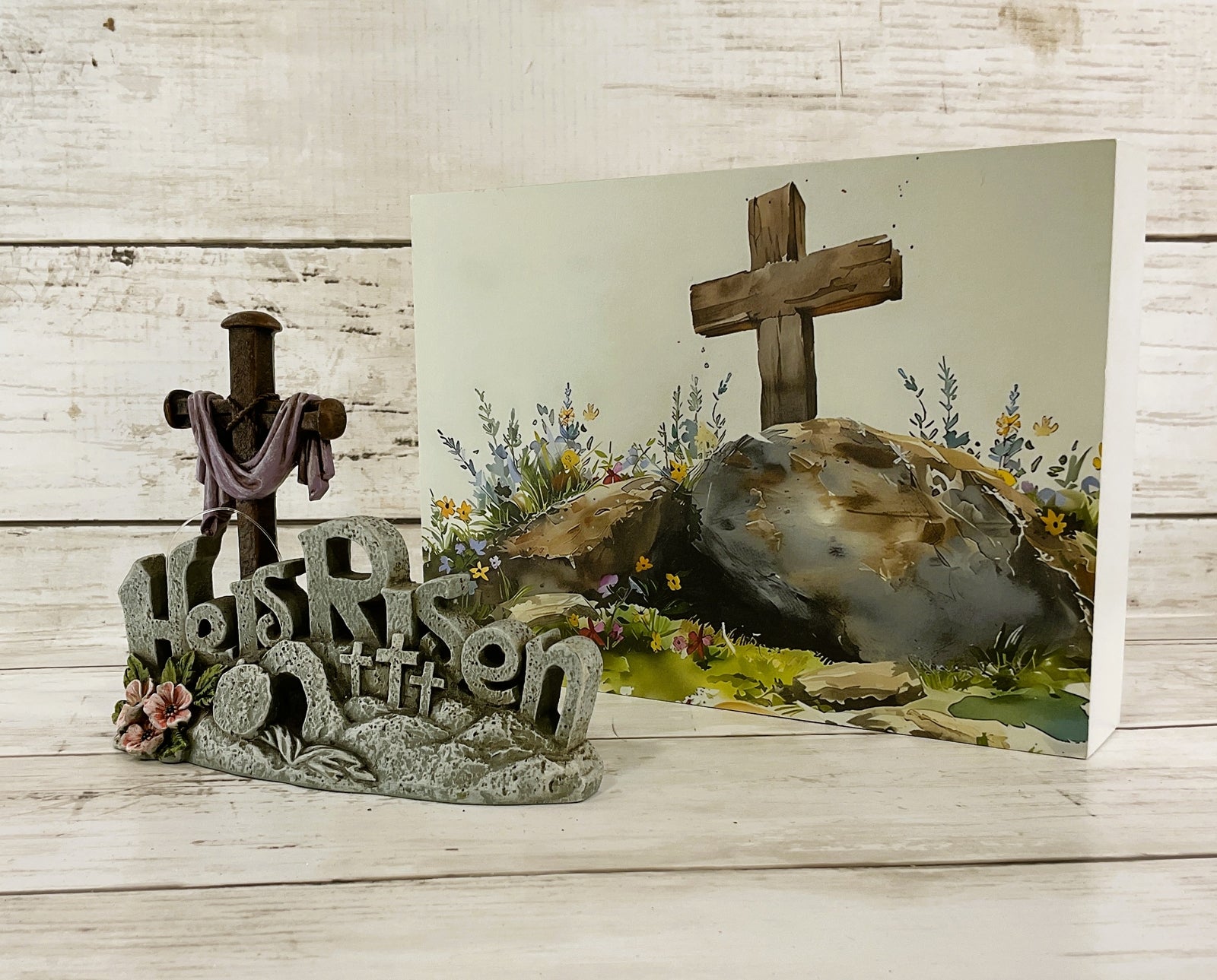 HL Easter Decor -  Watercolor Tomb Picture He Is Risen Figurine 2pc
