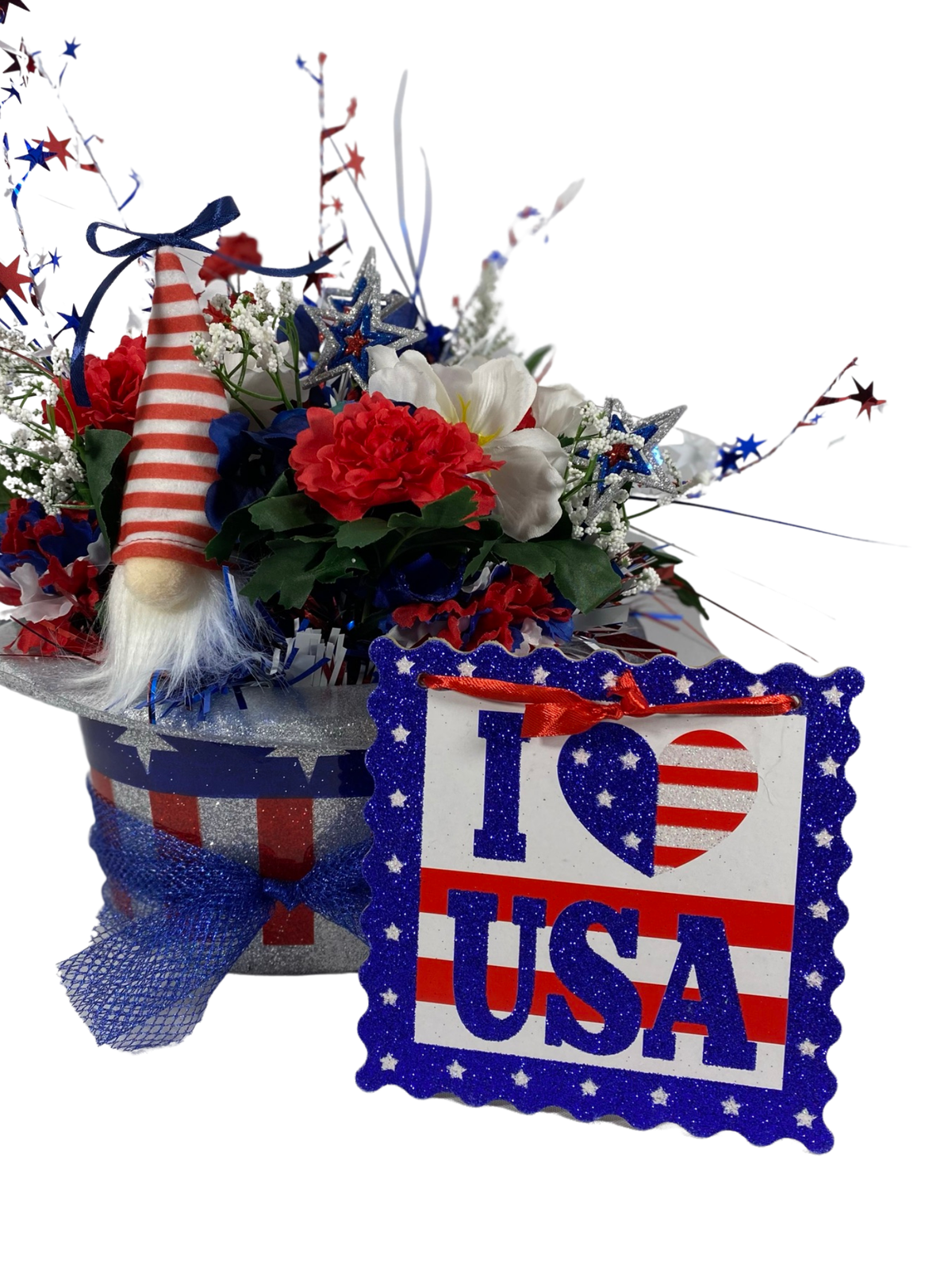 AGD Patriotic Decor  - Love the USA July 4th Gnome Floral Hat Centerpiece