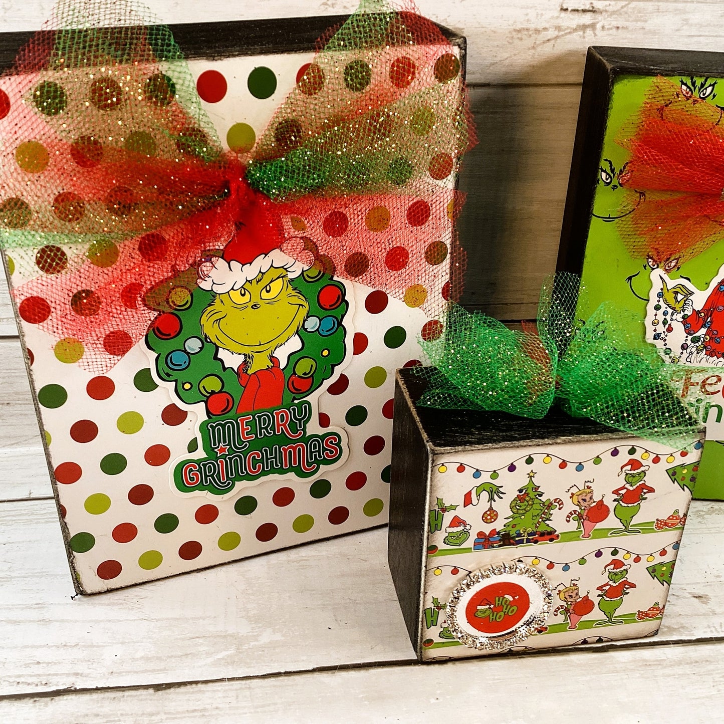 AGD Christmas Decor - Whimsy Green Monster Wood Gift Box Signs 3pc