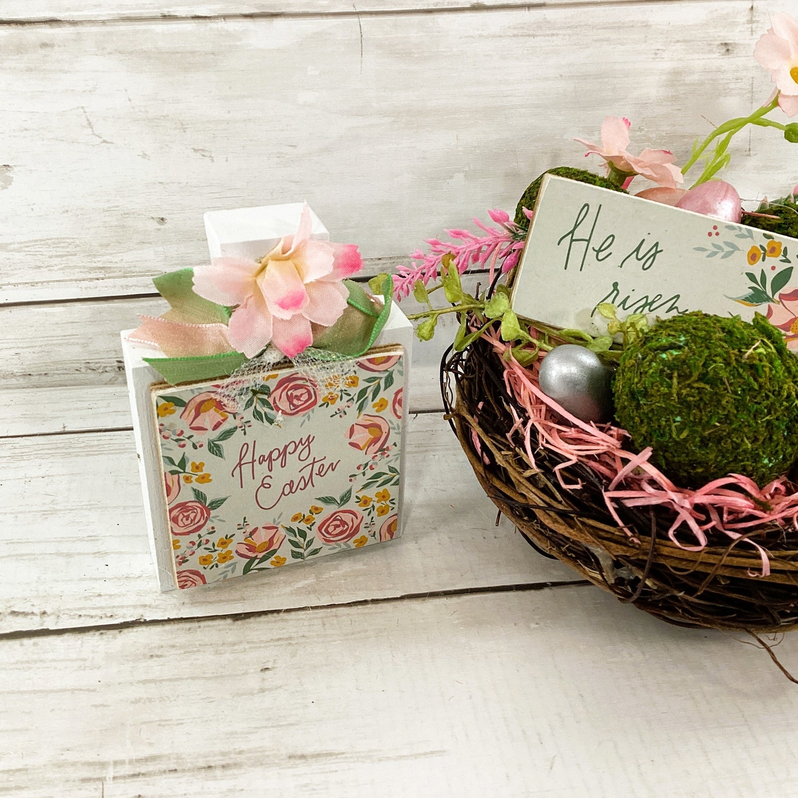 AGD Easter Decor - He Is Risen Happy Easter Floral Birds Nest Display