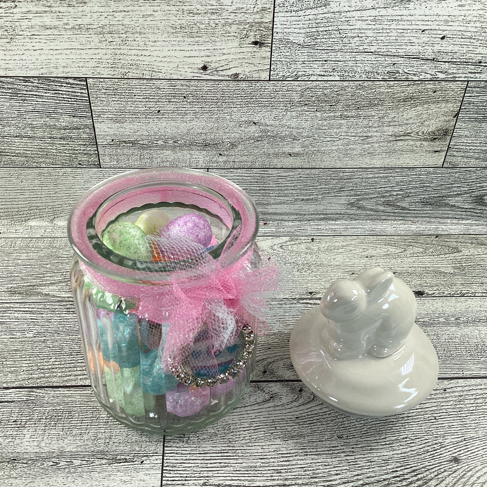 AGD Easter Decor - Small Glass Candy Jar With Foam Glitter Eggs