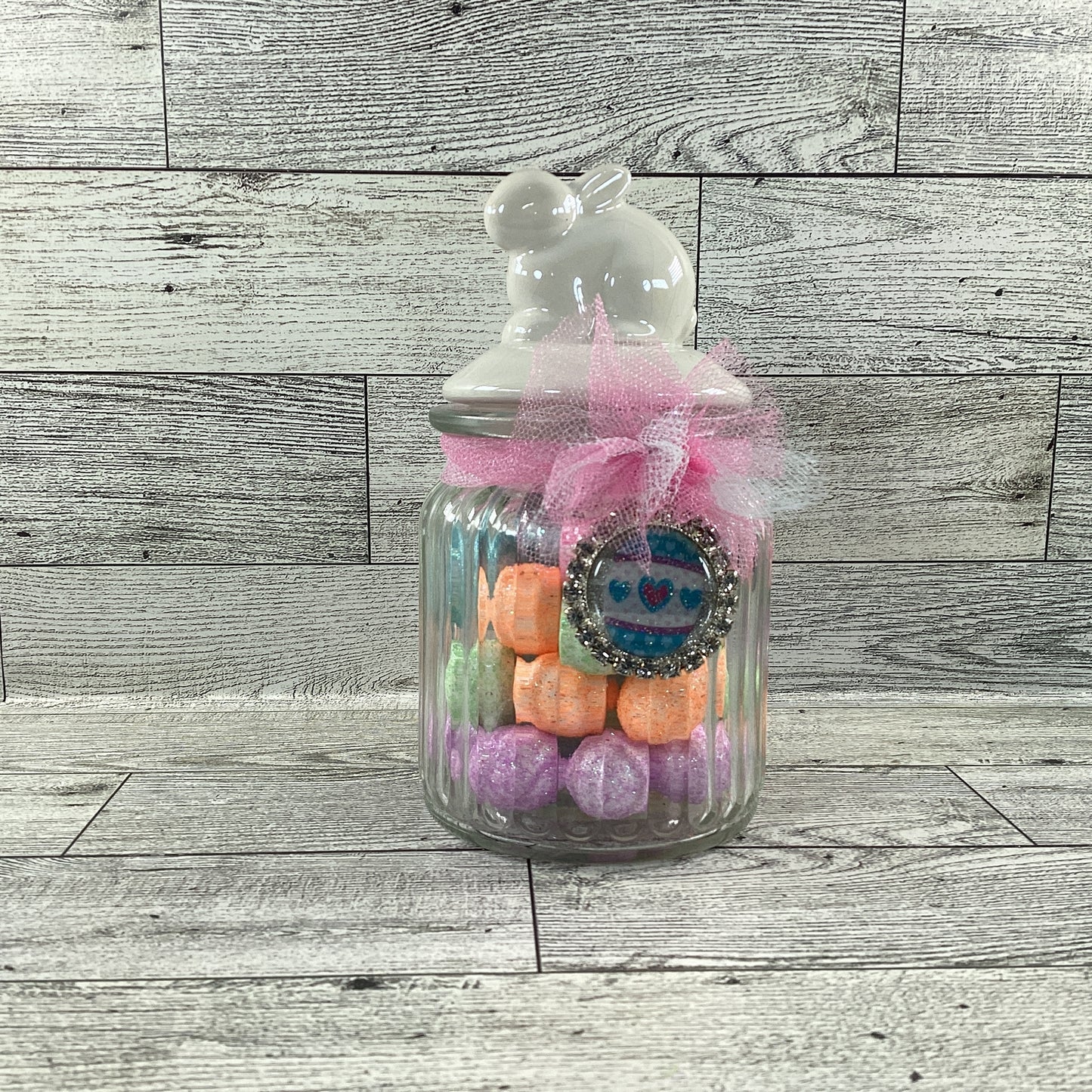 AGD Easter Decor - Small Glass Candy Jar With Foam Glitter Eggs