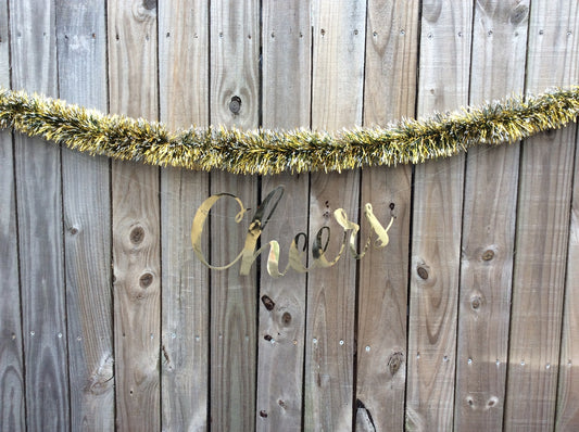 AGD New Years Eve Decor - Black Gold Tinsel with Cheers Sign Garland 12ft