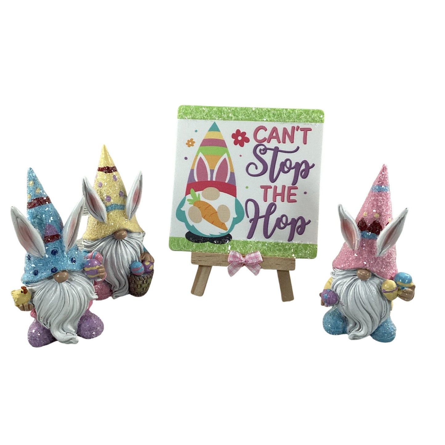 AGD Easter Decor - Resin Gnome Glitter Bunny Rabbit Tier Tray 4pc Set